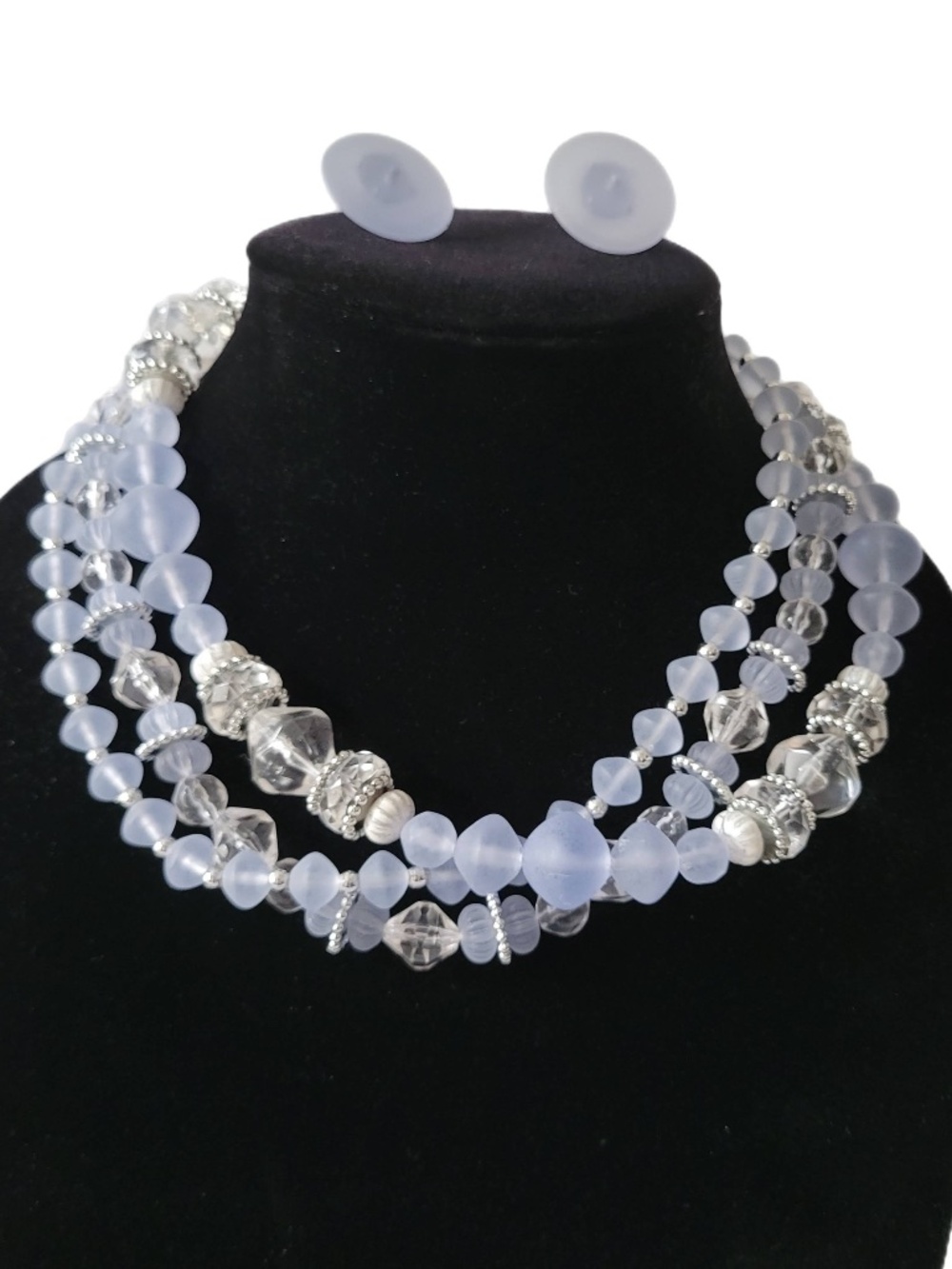 Frosted Blue Multi-layer MCM Vintage Choker Necklace & Earring Set Faceted Beads